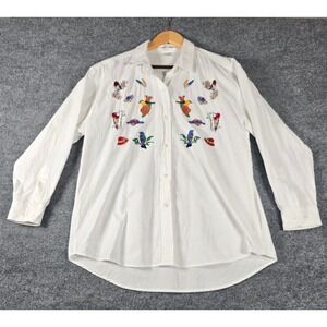 Vintage Casey Coleman White Embroidered‎ Bird Floral Shirt Women's Top